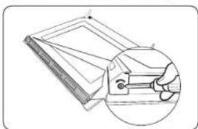 Technical line drawing of a mechanical component with an inset close-up showing a hand holding a tool (no text or symbols present)