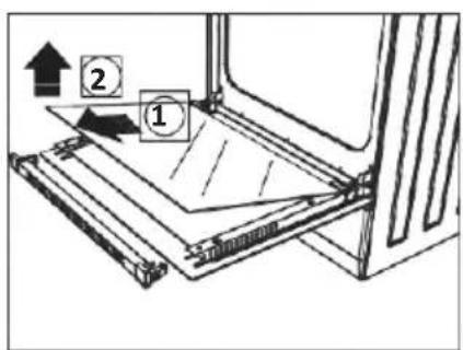 Diagram showing a mechanical assembly with labeled parts 1 and 2, indicating directional movement or assembly steps.