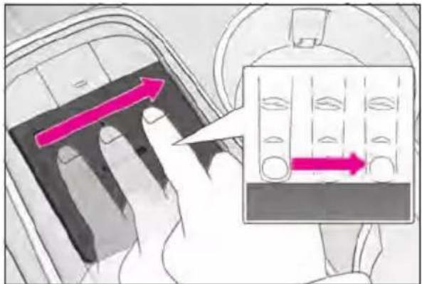 Diagram showing hand pressing a button on a car interior, with an inset highlighting the right-hand rule for adjusting the button.