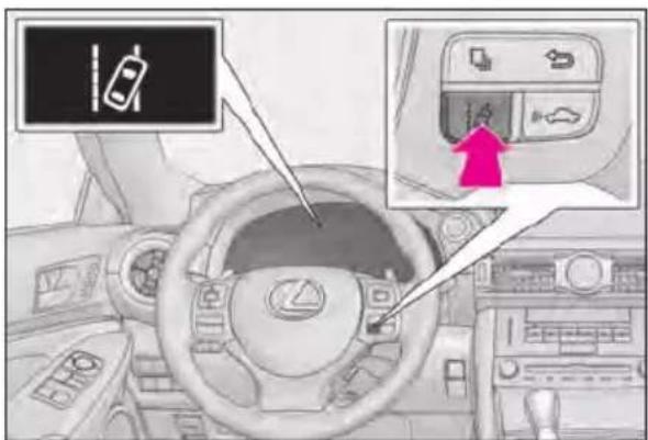 Diagram of car dashboard with vehicle status indicators and a highlighted directional arrow pointing to the dashboard panel.