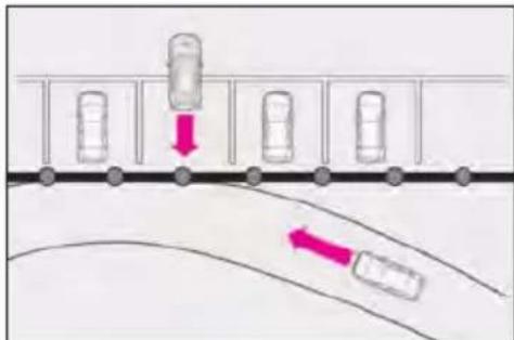 Diagram showing vehicle movement with red arrows indicating direction of motion on a road surface