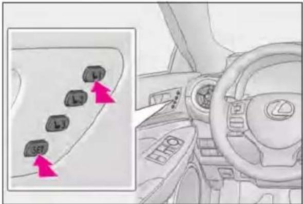 Diagram showing car interior with labeled buttons and a highlighted panel, including arrows pointing to specific buttons.