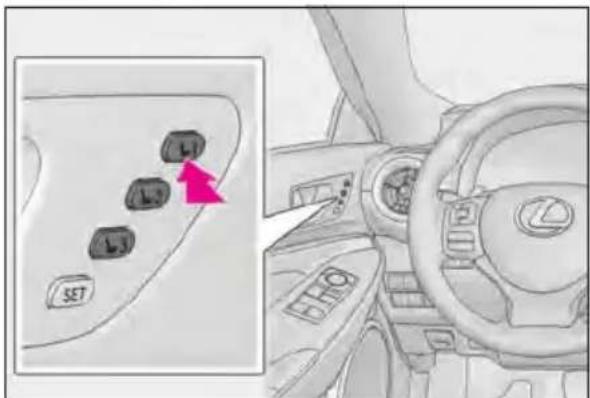 Diagram showing car interior with labeled buttons and a highlighted panel, alongside a close-up of the dashboard's steering wheel.