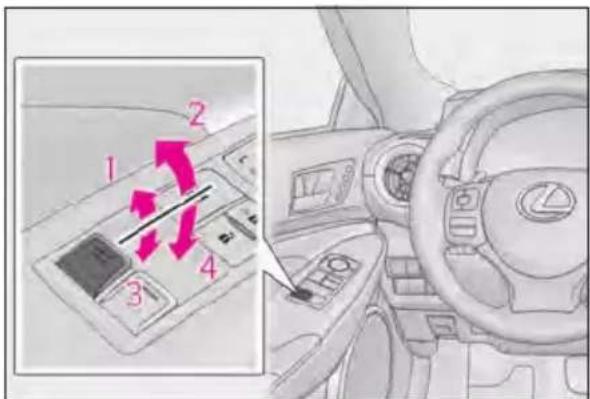 Diagram of car interior showing dashboard controls and a highlighted component with numbered arrows indicating motion or movement.