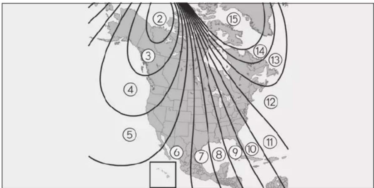 Map with numbered regions and concentric lines radiating from a central point, likely indicating geographic or statistical data points.