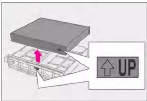Diagram showing a 3D mechanical assembly with an 'UP' label and an arrow indicating upward motion.