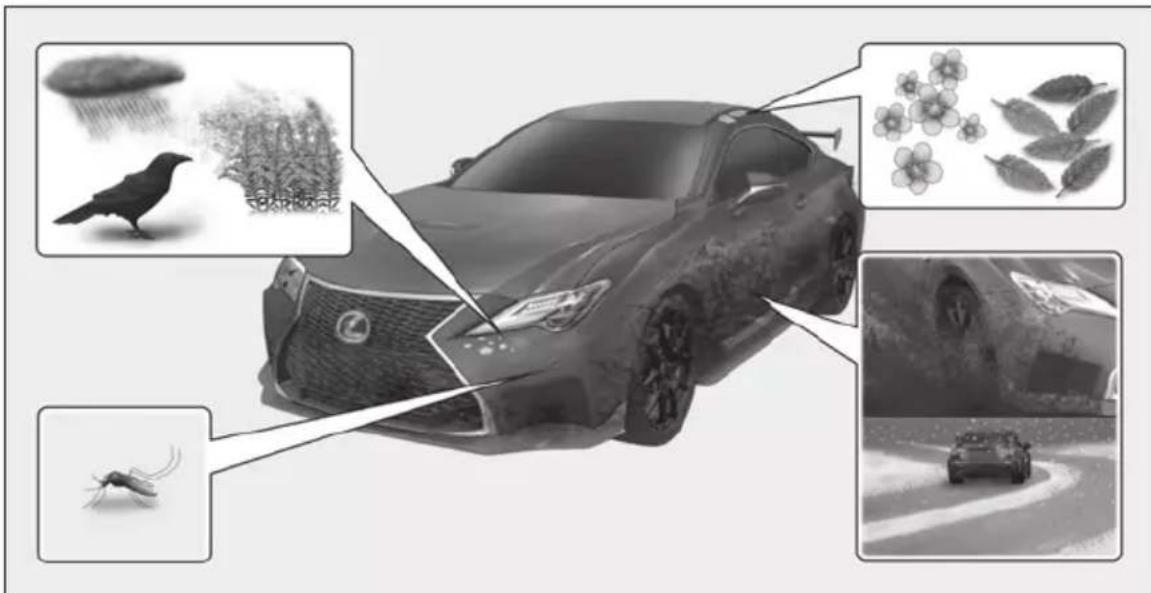 Diagram illustrating the use of different types of insecticides in a car, including rain, birds, flowers, insects, and a road.