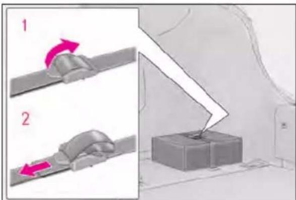 Diagram illustrating two steps of a mechanical or electrical component handling, labeled 1 and 2 with pink arrows indicating motion direction.