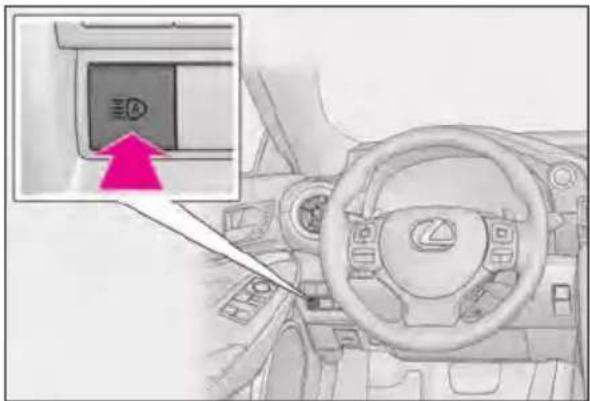 Diagram showing car interior with a highlighted control panel and directional arrow, likely indicating vehicle status or navigation.
