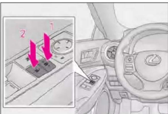 Diagram showing car interior with labeled controls and directional arrows, including a zoomed-in view of the control panel.