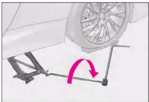 LEXUS RC F (2024) - Turn the tire jack portion by hand until the notch of the jack is in contact with the jack point. - 2