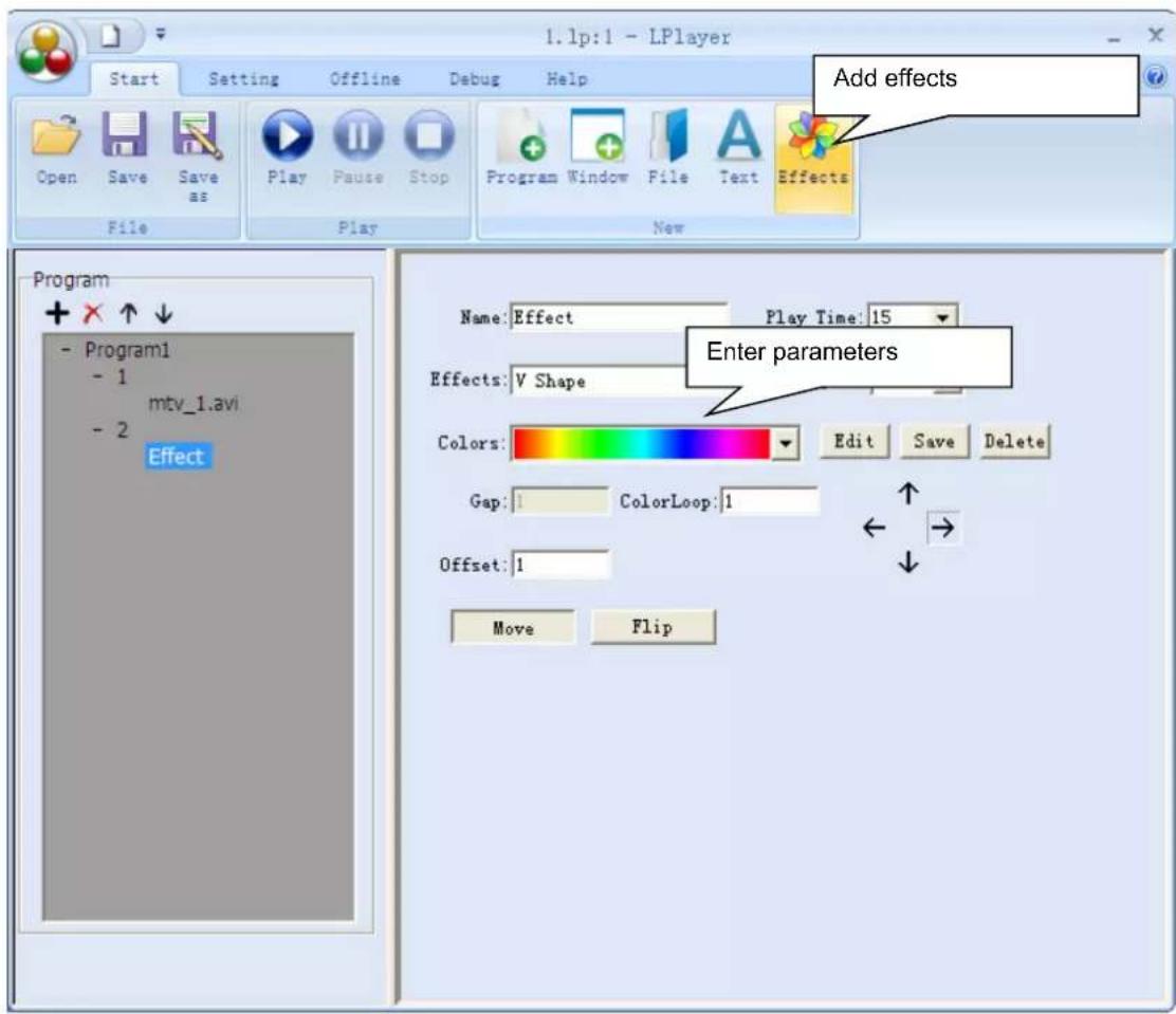 1.1p:1 - LPlayer Start Setting Offline Debug Help Open Save Save as Play Pause Stop Program Window File Text Effects File Play New Add effects Program + X ↑ ↓ - Program1 - 1 mtv_1.avi - 2 Effect Name: Effect Play Time: 15 Effects: V Shape Colors: Edit Save Delete Gap: 1 ColorLoop: 1 Offset: 1 Move Flip