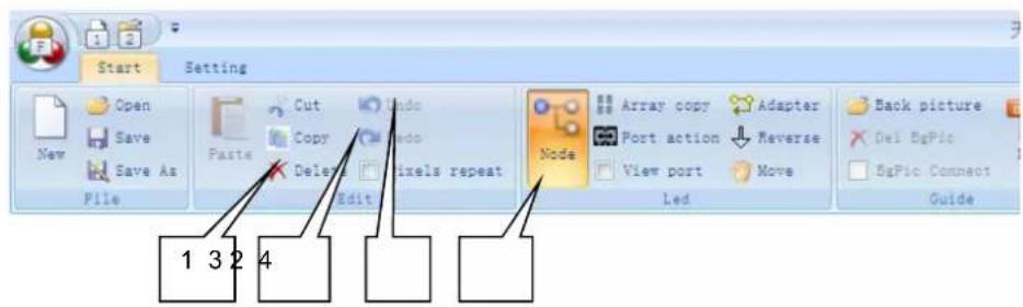 Start Setting Open Save Save As File Paste Cut Undo Copy Delete Pixels repeat Edit Node Array copy Adapter Port action Reverse View port Move Led Back picture Del BigPic BigPic Connects Guide 1 3 2 4