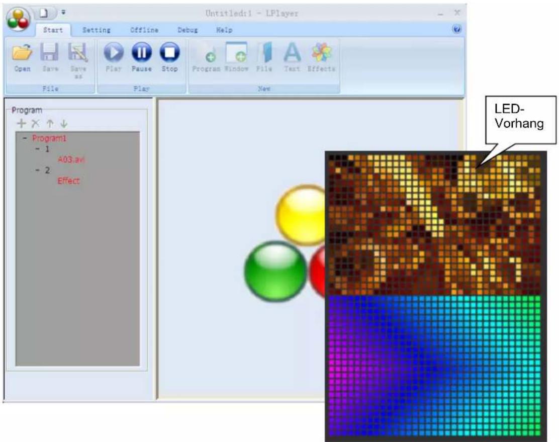 Untitled:1 - LPlayer Start Setting Offline Debug Help Open Save Save as Play Pause Stop Program Window File Text Effects File Play New Program + X ↑ ↓ - Program1 - 1 A03.avi - 2 Effect LED- Vorhang