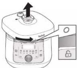 Diagram of a cooking pot with labeled components and directional arrow indicating rotation