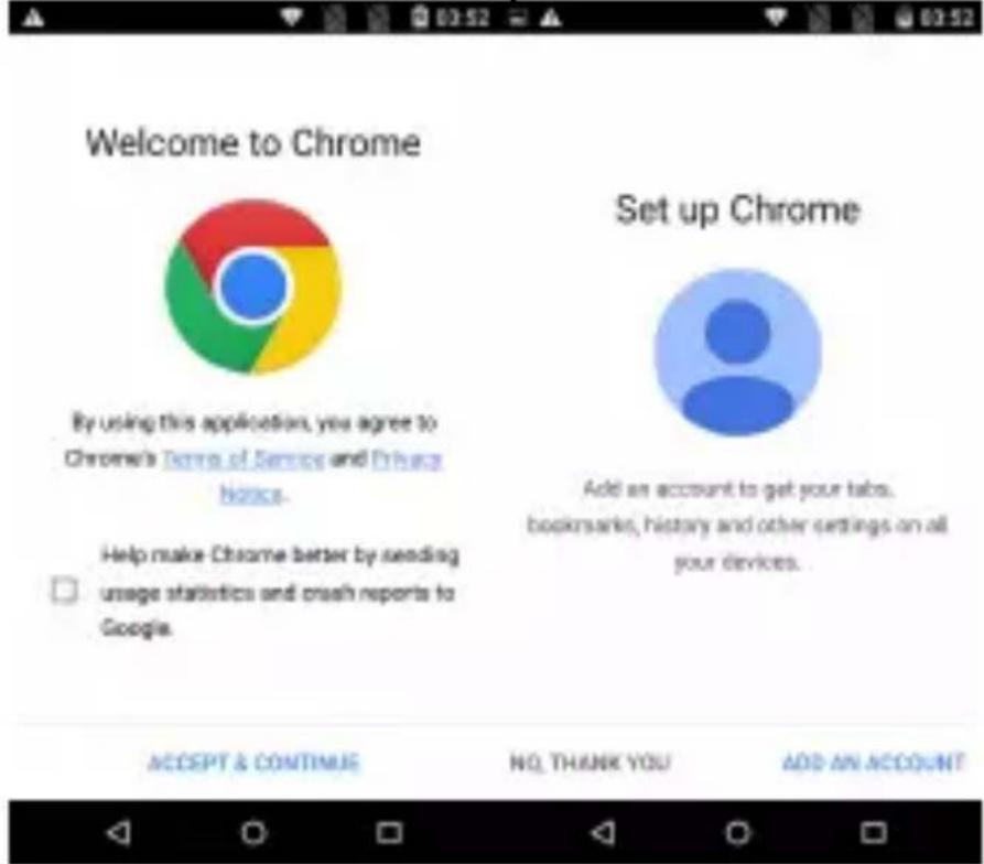 Welcome to Chrome By using this application, you agree to Chrome's Terms of Service and Privacy Notice. Help make Chrome better by sending Usage statistics and crash reports to Google. Set up Chrome Add an account to get your tabs. bookmarks, history and other settings on all your devices. ACCEPT & CONTINUE NO. THANK YOU ADD AN ACCOUNT