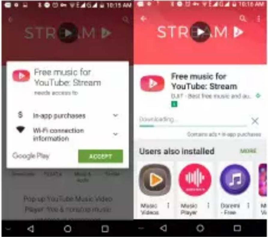 STREAM Free music for YouTube: Stream needs access to $ In-app purchases Wi-Fi connection information Google Play ACCEPT FREE music for YouTube: Stream DUT - Best free music and au... Downloading... Contains ads • In-app purchases Users also installed MORE Music Videos Music Player Doremi - Free M Vi