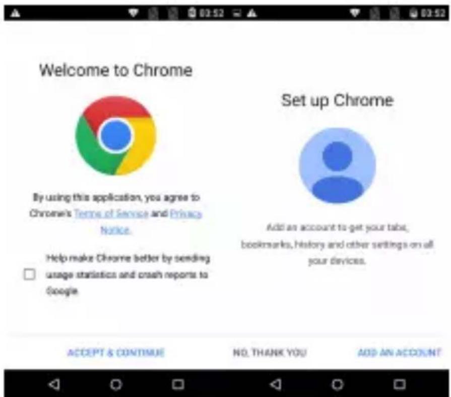 Welcome to Chrome By using this application, you agree to Chrome's Terms of Service and Privacy Notice. Help make Chrome better by sending □ usage statistics and crash reports to Google Set up Chrome Add an account to get your tube, bookmarks, history and other settings on all your devices. ACCEPT & CONTINUE NO. THANK YOU ADD AN ACCOUNT