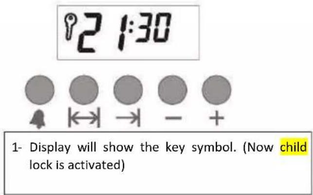 2 1:30 1- Display will show the key symbol. (Now child lock is activated)