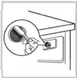 Simple line drawing of a hand holding a tool near a table with a mesh grille (no text or symbols)