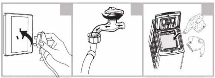 Illustration showing three steps of installing a wall-mounted electrical socket: wire insertion, cleaning the faucet, and packaging with accessories.