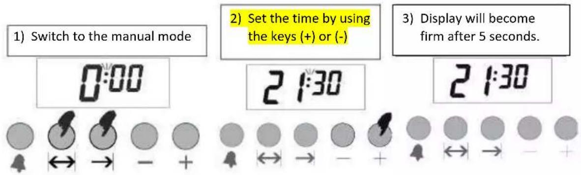 1) Switch to the manual mode 0:00 2) Set the time by using the keys (+) or (-) 2 1:30 3) Display will become firm after 5 seconds. 2 1:30