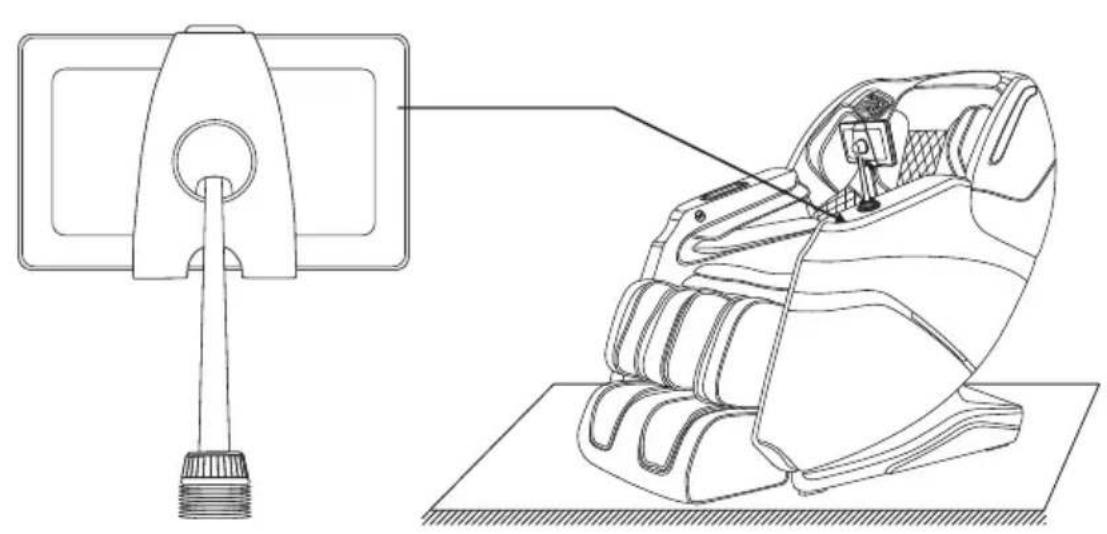 Technical line drawing of a massage chair with attached device and base plate (no text or symbols)