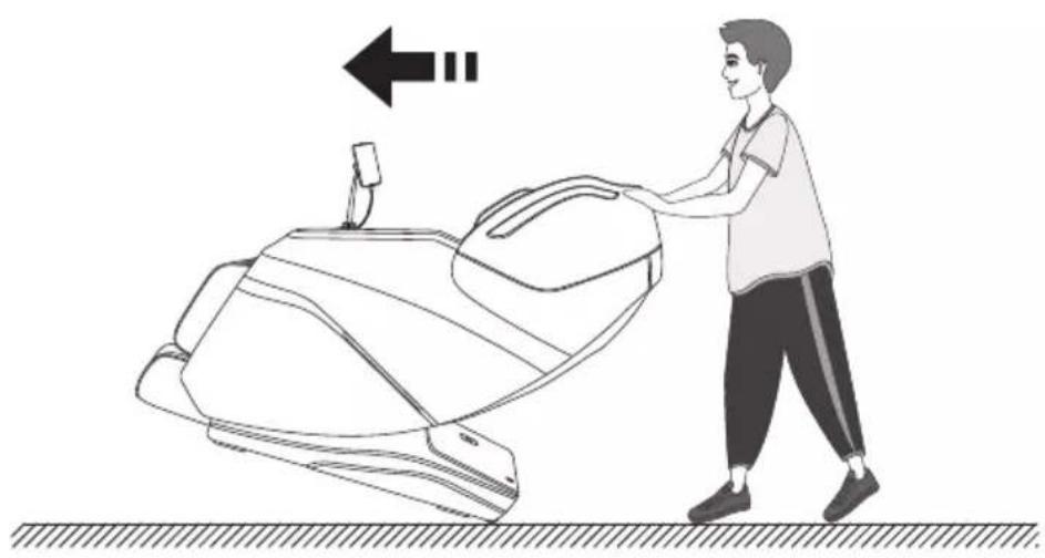 Illustration of a person pushing a massage chair on a flat surface, with an arrow indicating left motion (no text or symbols)