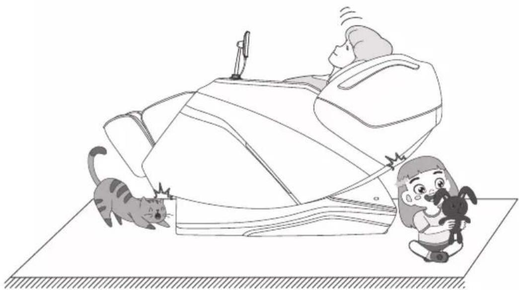 Illustration of a child playing with a cat on a mat, next to an adult reclining in a large chair (no text or symbols)