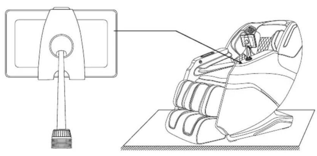 Technical line drawing of a massage chair with adjustable arm and base, showing internal components (no text or symbols)