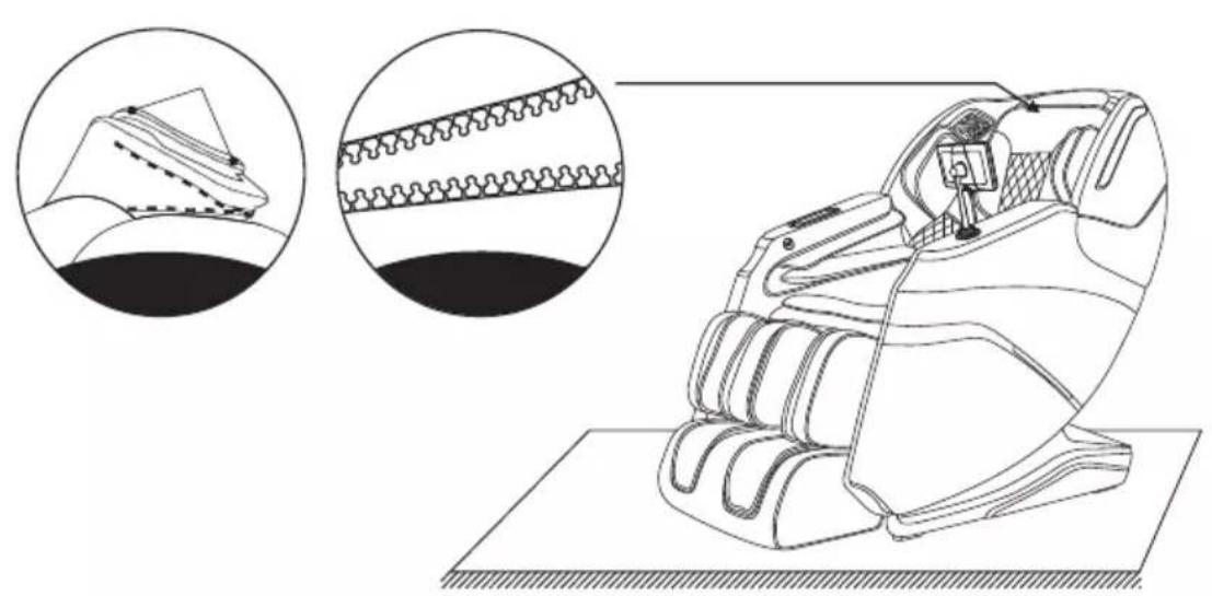 Line drawing of a massage chair with close-up insets showing fabric folds and stitching details (no text or symbols)