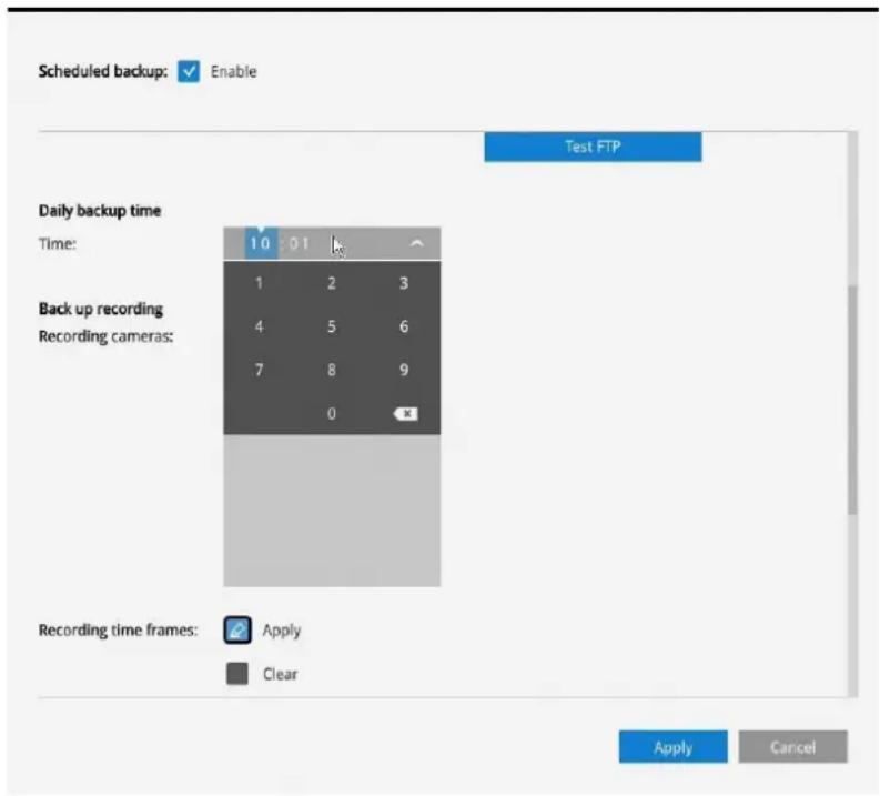 Scheduled backup: ✓ Enable Test FTP Daily backup time Time: 10 01 Back up recording Recording cameras: 1 2 3 4 5 6 7 8 9 0 * Recording time frames: ✓ Apply ✓ Clear Apply Cancel