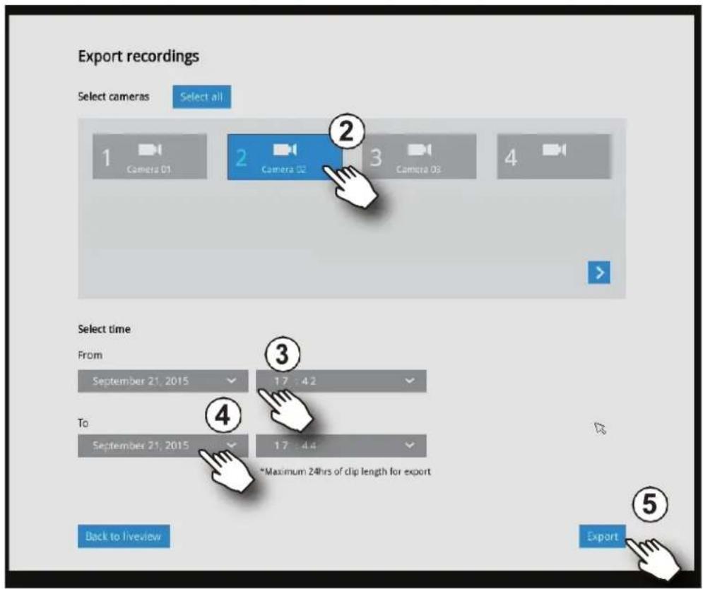 Export recordings Select cameras Select all 1 Camera 01 2 Camera 02 3 Camera 03 4 Select time From September 21, 2015 17:42 To: September 21, 2015 17:44 *Maximum 24hrs of clip length for export Back to liveview Export