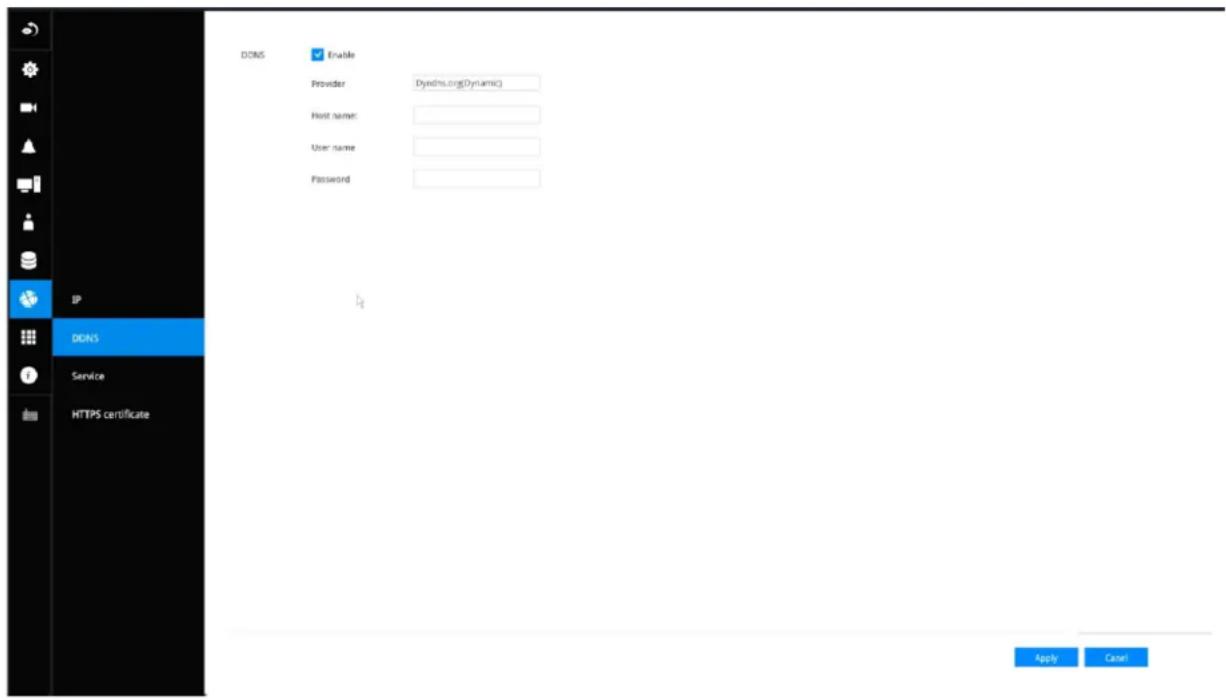 DNS Enable Provider: Dynefs.org(Dynamic) First name: User name: Password: IP DNS Service HTTPS certificate Apply Cancel