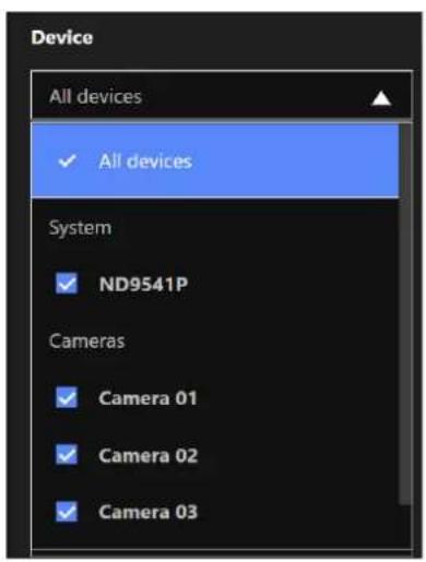 Device All devices ✓ All devices System ✓ ND9541P Cameras ✓ Camera 01 ✓ Camera 02 ✓ Camera 03