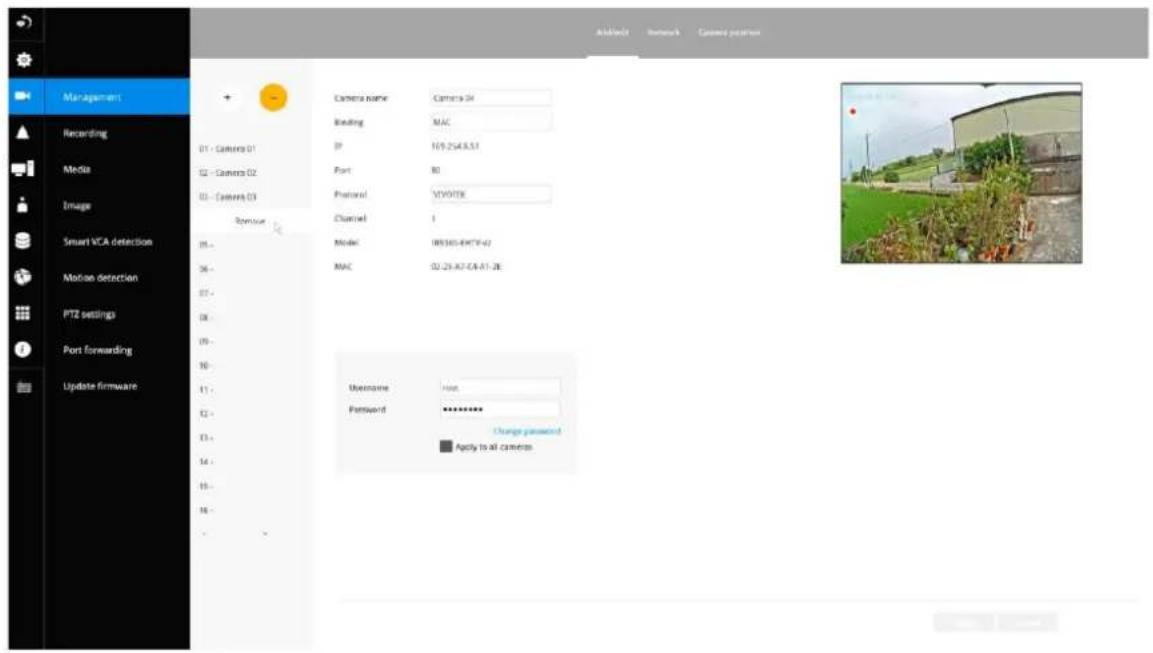 Management Recording Media Image Smart VCA detection Motion detection PTZ settings Port Forwarding Update firmware 01 - Camera 01 02 - Camera 02 03 - Camera 03 Remove Camera name: Camera 04 Reading: MAC IP: 169.254.8.51 Port: 80 Protocol: VTWOTX Channel: 1 Model: IB9305-6K7CF-02 MAC: 02.29.A07.CA-A1-JE Username: None Password: ********* Change password: Apply to all cameras