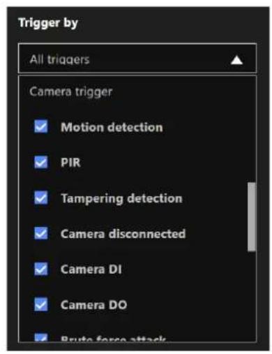Trigger by All triggers Camera trigger ✓ Motion detection ✓ PIR ✓ Tampering detection ✓ Camera disconnected ✓ Camera DI ✓ Camera DO ✓ Brute force attack