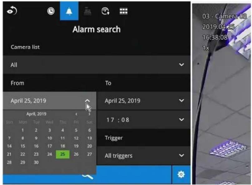 Alarm search Camera list All From To April 25, 2019 April, 2019 17 : 08 Trigger All triggers