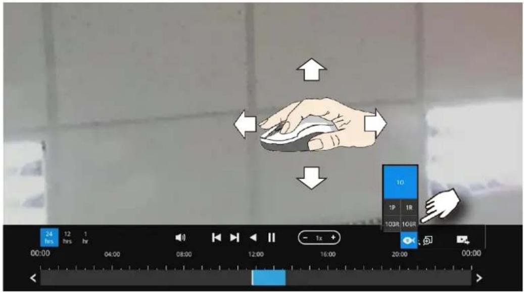 Video editing software interface showing a hand pressing on a computer mouse with bidirectional arrows and playback controls