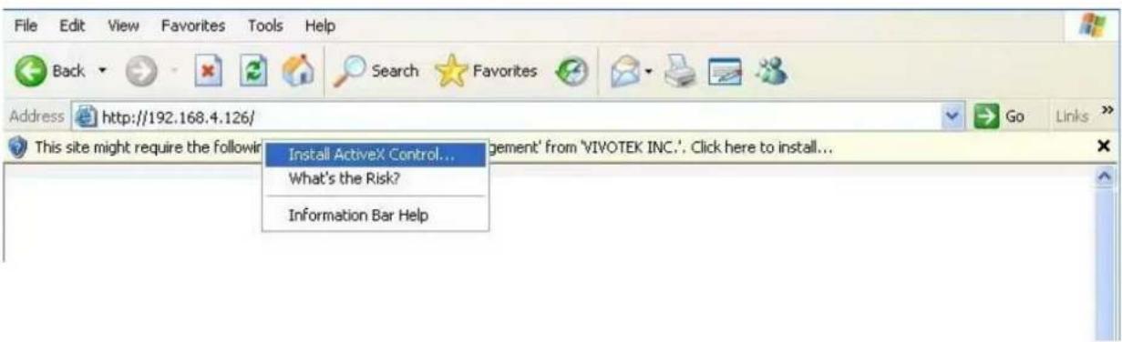 File Edit View Favorites Tools Help Back Search Favorites Address http://192.168.4.126/ This site might require the following: Install ActiveX Control... What's the Risk? Information Bar Help