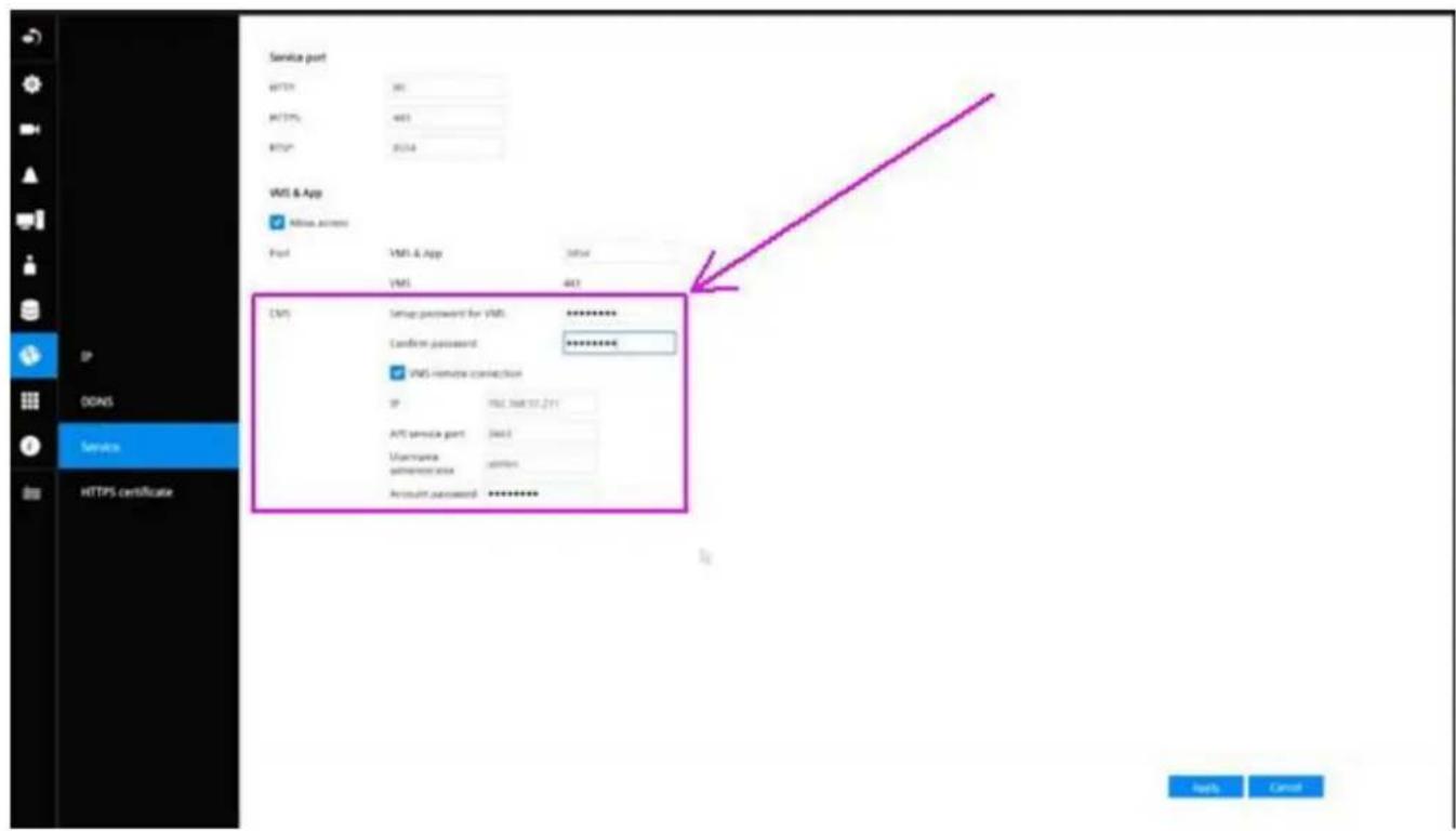 Service port HTTP: 301 HTTP: 465 BIP: 2034 VMS & App None access Port: VMS & App Default VMS: 465 CMS Setup password for VMS. ********** Confirm password ********** VMS remote connection IP: VMS_168101.211 A/S service port: Java3 Userpagea admittance area: admin Account password: ********* DOAS Service HTTPS certificate Help Cancel