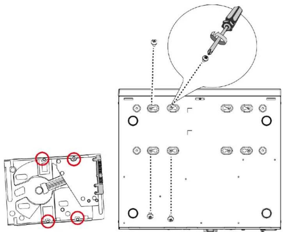 Technical diagram showing internal components of a CD drive with red annotations highlighting specific parts, including a magnified view of the internal structure.