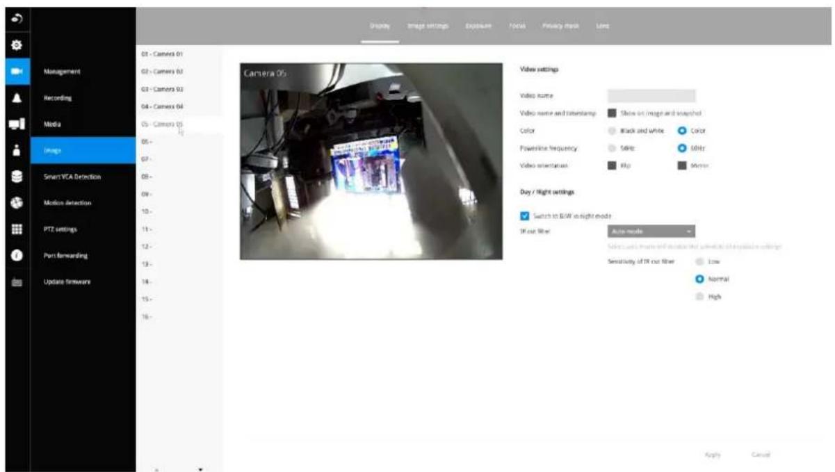 Display Image Settings Exposure Focus Privacy mask Light Management Recording Media Image Smart VCA Detection Motion detection PTZ settings Port forwarding Update firmware 01 - Camera 01 02 - Camera 02 03 - Camera 03 04 - Camera 04 05 - Camera 05 06 - 07 - 08 - 09 - 10 - 11 - 12 - 13 - 14 - 15 - 16 - Camera 06 Video settings Video name Video name and timestamp: Show on image and snapshot Color: Black and white Color Powerline frequency: MHz White Video orientation: Hip Mirror Buy / Night settings Switch to BW in night mode IF out filter: Auto-mode Video content features and indicators that activate at acquisition settings Sensitivity of IF out filter Low Normal High Apply Cancel