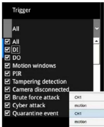 Trigger All All DI DO Motion windows PIR Tampering detection Camera disconnected Brute force attack Cyber attack Quarantine event CH1 motion CH1 motion