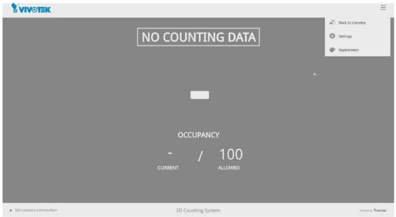 VIVOTEK NO COUNTING DATA OCCUPANCY - / 100 CURRENT ALLOWED • Set camera connection 3D Counting System