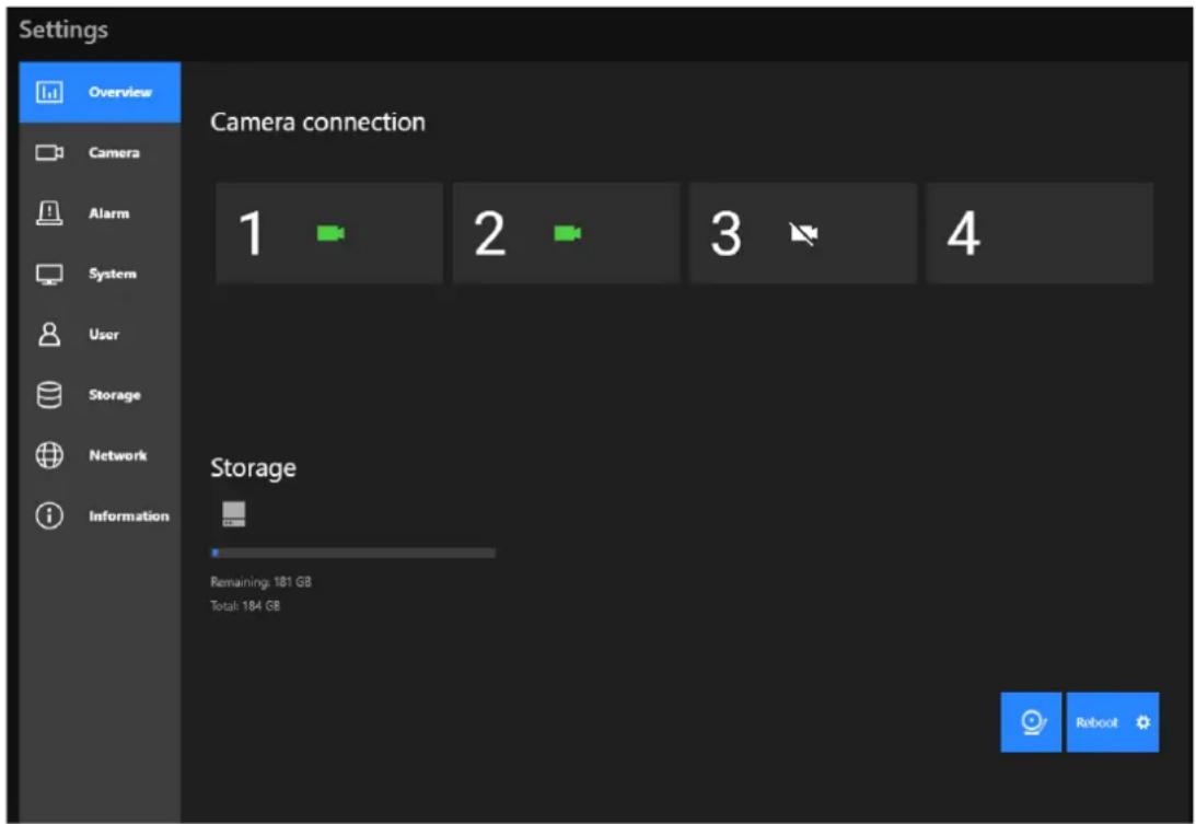 Settings Overview Camera connection 1 2 3 4 Storage Remaining: 181 GB Total: 184 GB Reboot