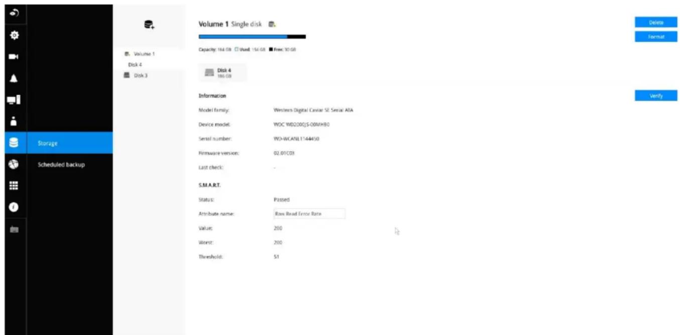 Volume 1 Single disk Capacity: 164 GB Used: 154 GB Free: 30 GB Disk 4 186 GB Information Model family: Western Digital Caviar SE Serial ATA Device model: WOC WD200GJS-00MHBO Serial number: WD-WCANL1144450 Firmware version: 02.01C03 Last check: S.M.A.R.T. Status: Passed Attribute name: Raw Read Error Rate Value: 200 Worst: 200 Threshold: 51 Delete Format Verify Storage Scheduled backup
