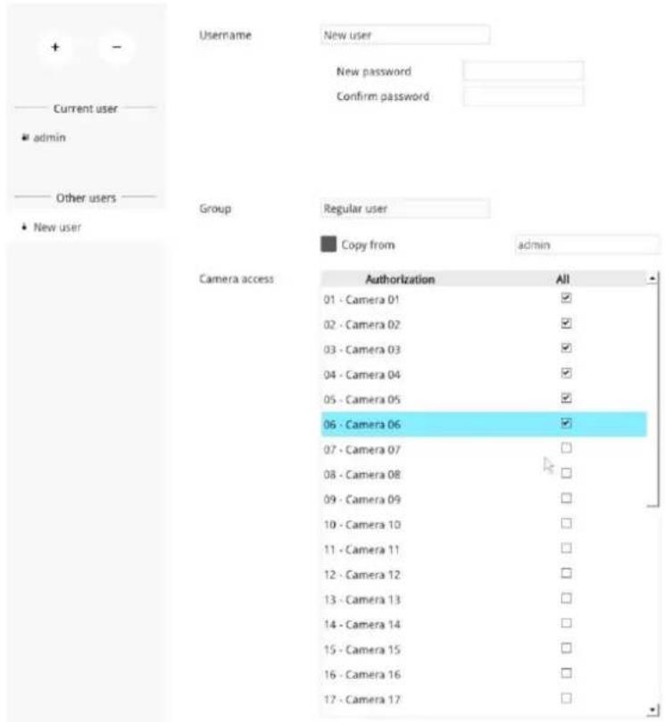 Username New user New password Confirm password Current user admin Other users New user Group Regular user Copy from admin Camera access Authorization All 01 - Camera 01 ✓ 02 - Camera 02 ✓ 03 - Camera 03 ✓ 04 - Camera 04 ✓ 05 - Camera 05 ✓ 06 - Camera 06 ✓ 07 - Camera 07 □ 08 - Camera 08 □ 09 - Camera 09 □ 10 - Camera 10 □ 11 - Camera 11 □ 12 - Camera 12 □ 13 - Camera 13 □ 14 - Camera 14 □ 15 - Camera 15 □ 16 - Camera 16 □ 17 - Camera 17 □