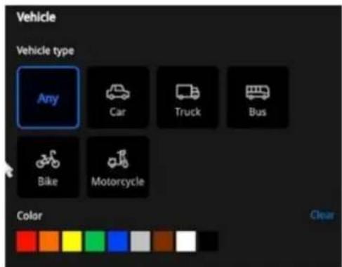 Vehicle Vehicle type Any Car Truck Bus Bike Motorcycle Color Clear
