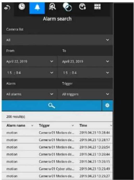 Alarm search Camera list All From To April 22, 2019 April 23, 2019 1.5 : 0.4 1.5 : 0.4 Alarm Trigger All alarms All triggers 200 result(s) Alarm name Trigger Time motion Camera 01 Motion de... 2019.04.23 13:28:44 motion Camera 01 Motion de... 2019.04.23 13:28:17 motion Camera 01 Motion de... 2019.04.23 13:26:54 motion Camera 01 Motion de... 2019.04.23 13:26:44 motion Camera 01 Motion de... 2019.04.23 13:26:15 motion Camera 01 Cyber atta... 2019.04.23 13:25:49 motion Camera 01 Motion de... 2019.04.23 13:25:27